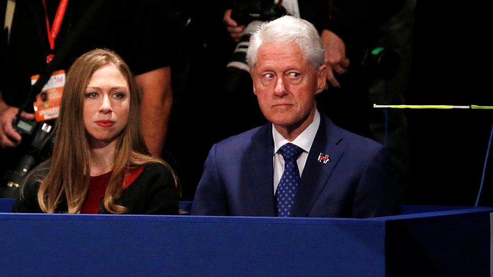 Chelsea Clinton and former U.S. President Bill Clinton sit at the presidential town hall debate between Republican U.S. presidential nominee Donald Trump and Democratic U.S. presidential nominee Hillary Clinton at Washington University in St. Louis, Missouri, U.S., October 9, 2016