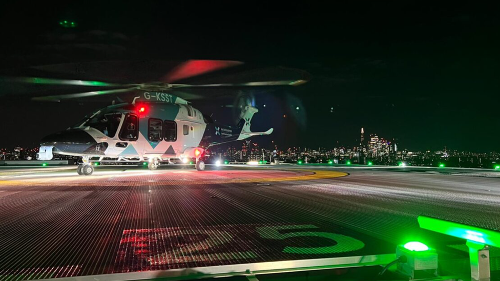 The AAKSS helicopter on the helipad at Kings College Hospital