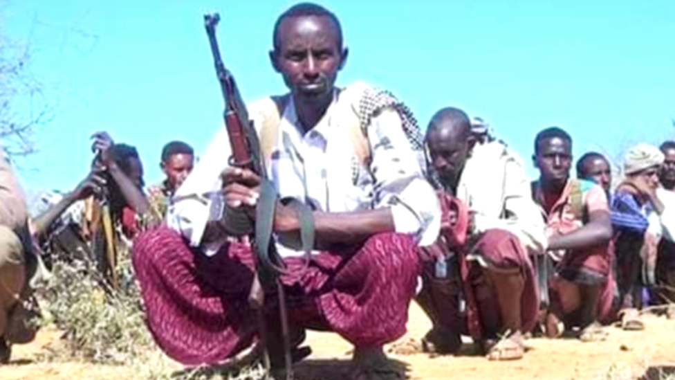 Fighters in sarongs, pictured in Bakool in Somalia in 2019