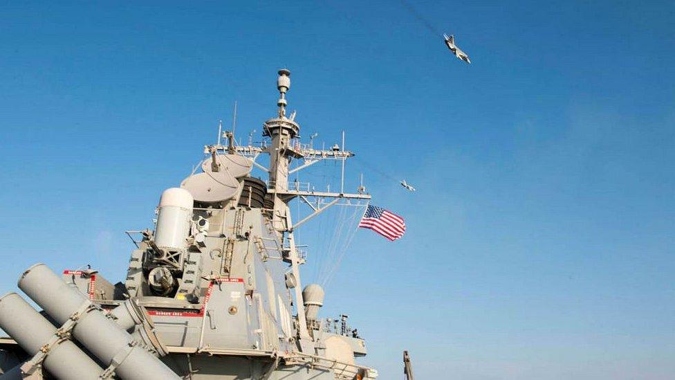 Two Russian Sukhoi Su-24 attack aircraft fly near USS Donald Cook in the Baltic Sea. 12 April 2016