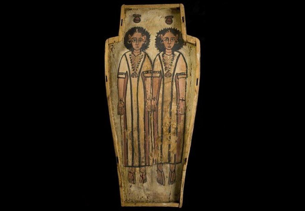 Double coffin of two half-brothers, Petamun and Penhorpabik: Ancient Egyptian, Upper Egypt, Thebes, late Roman Period, c.175-200 AD.