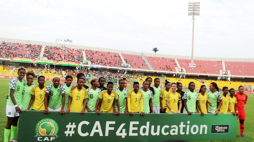 Eventual champions Nigeria and South Africa line up before the 2018 AWCON final in Ghana