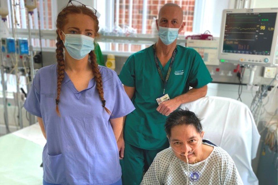 Staff nurse Sarah Kenny, lead consultant Dr Jason Cupitt and patient Roehl Ribaya