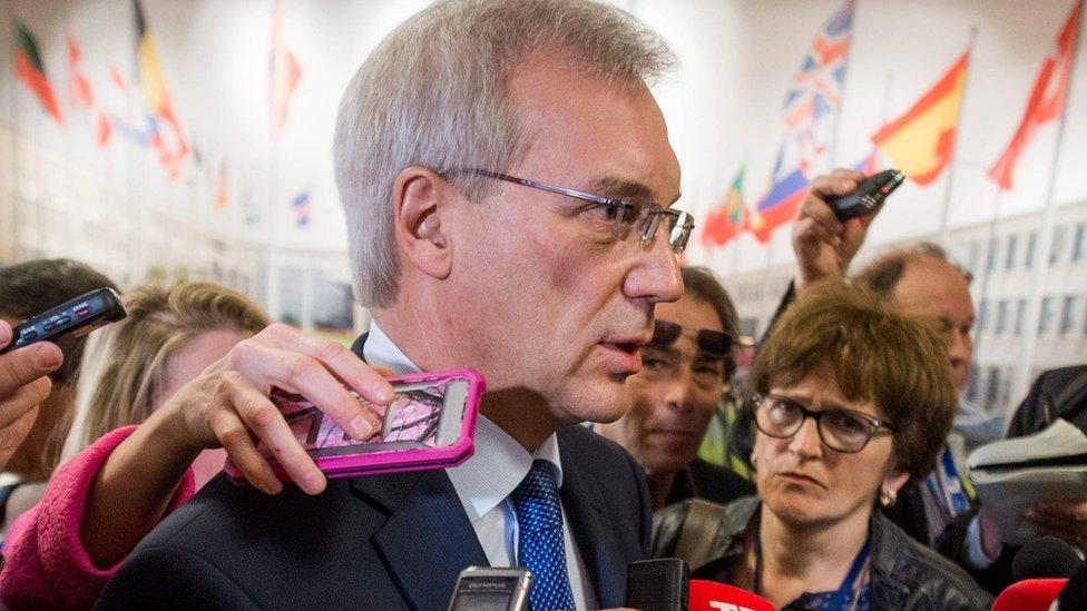 Russian ambassador to Nato, Alexander Grushko, speaks to press after meeting in Brussels. 20 April 201