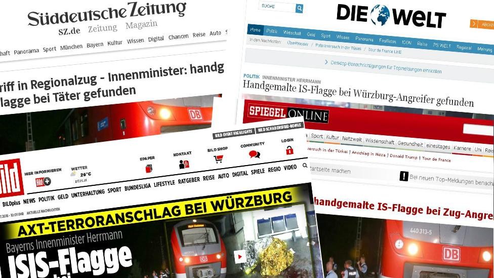 The front pages of German news websites cover the axe attack in a train in Wuerzburg.