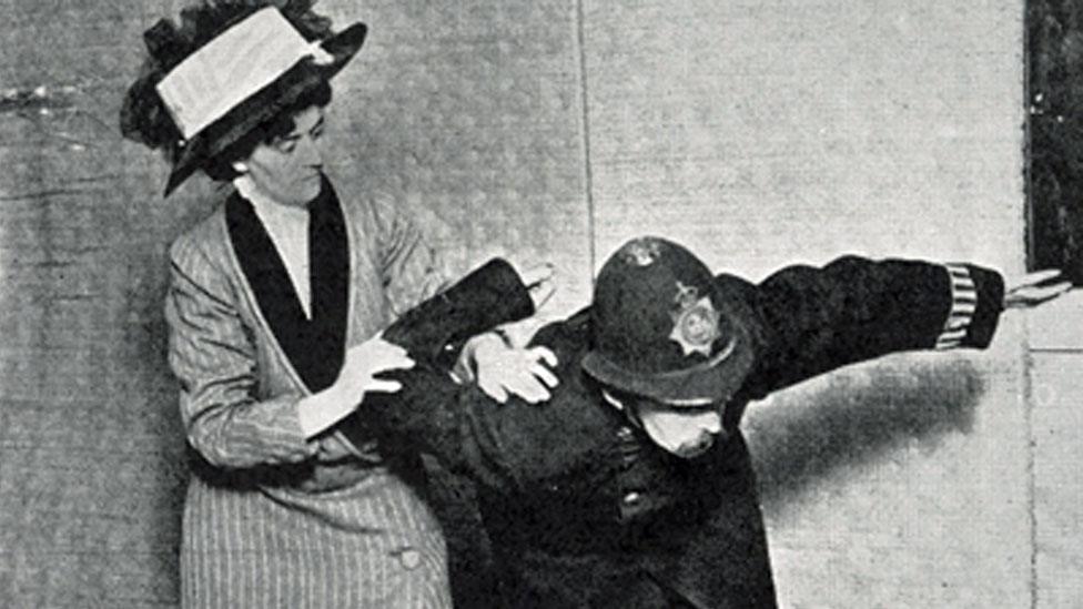 Demonstration of ju jitsu for suffragettes