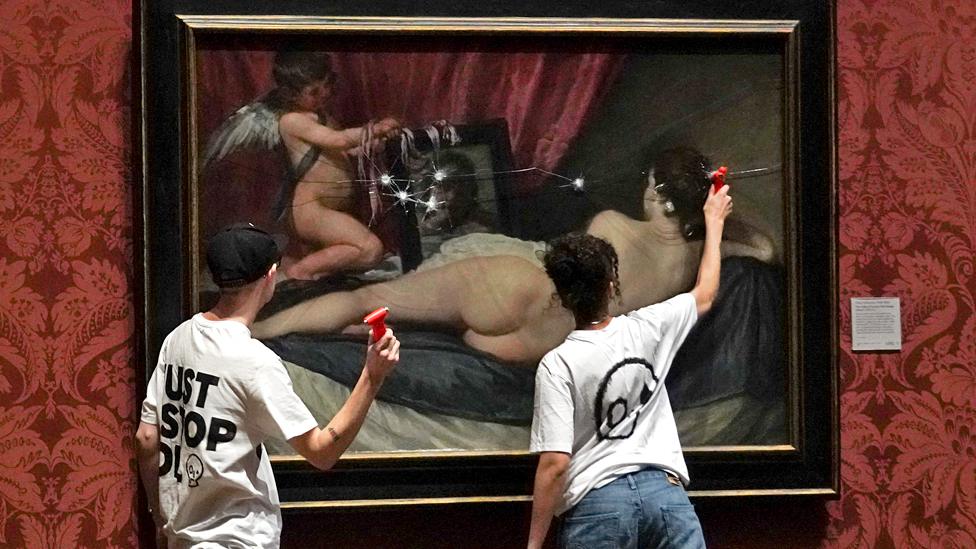 The smashed glass of the Rokeby Venus painting at the National Gallery in London