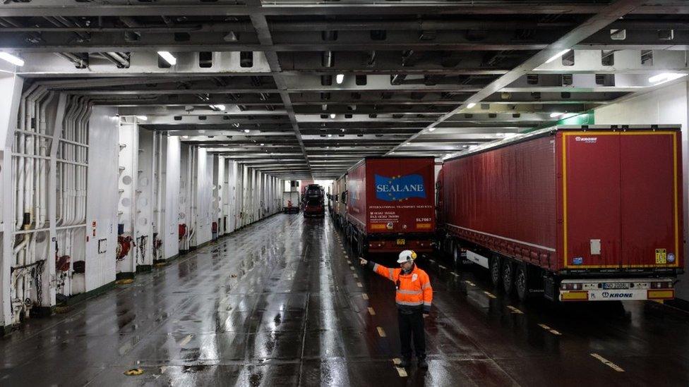 Lorry drivers are guided as they board a ferry to Calais at the port of Dover on March 5, 2018 in Dover, England