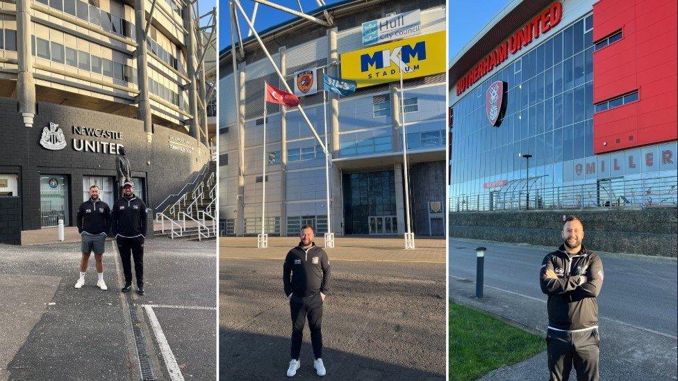 Jack Scadden outside various stadiums including Newcastle United, Hull City and Rotherham United