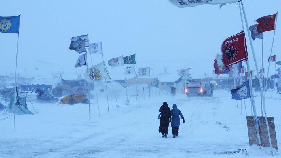 Oceti Sakowin Camp during a winter storm.