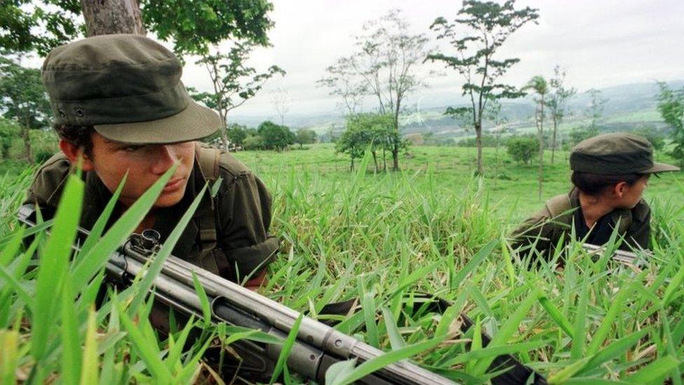 Farc fighters on 25 April, 1998 in the hills of Los Alpes, 150 Km southeast of Bogota.