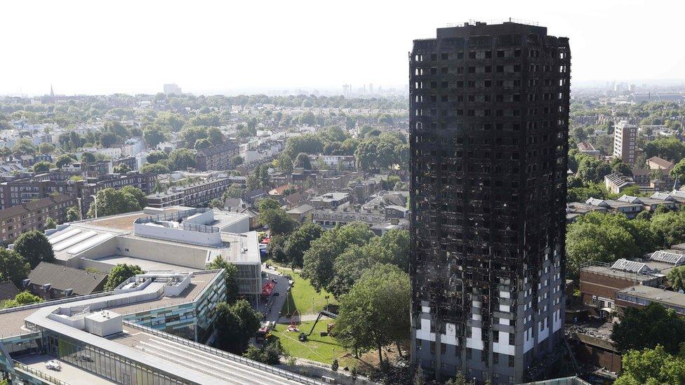 General exterior view of charred and still smouldering outer walls