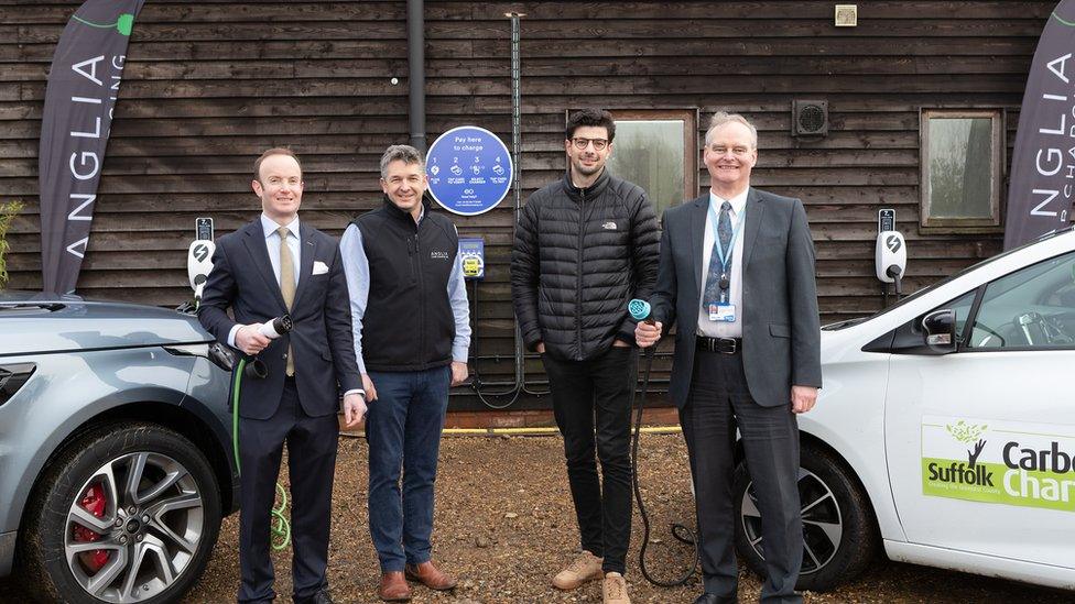 Councillor Richard Rout, Richard Seppings of Anglia Car Charging, Charlie Jardine of EO Charging, and Peter Frost of Suffolk County Council