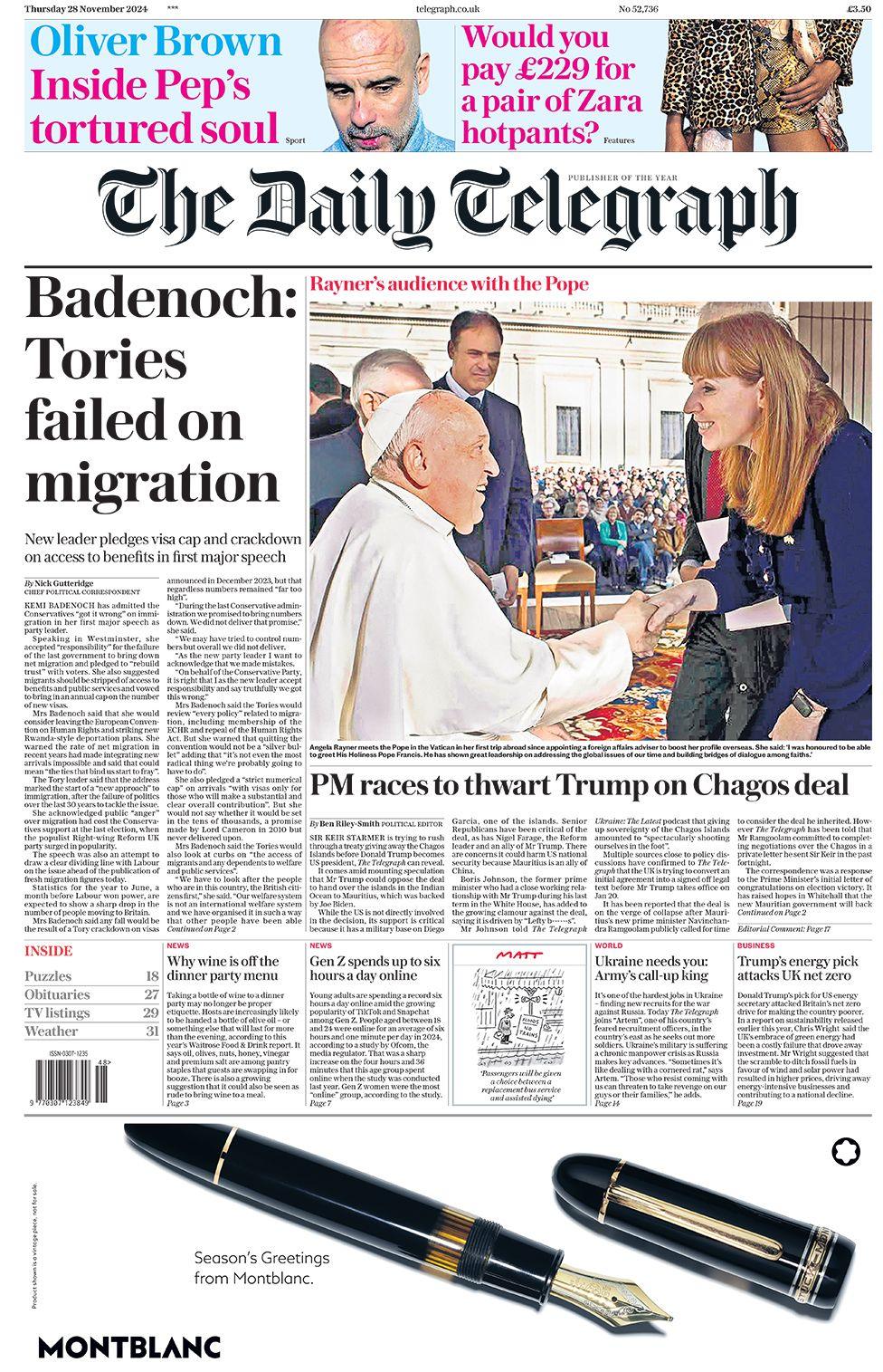 The headline in the Daily Telegraph reads: "Badenoch: Tories failed on migration"