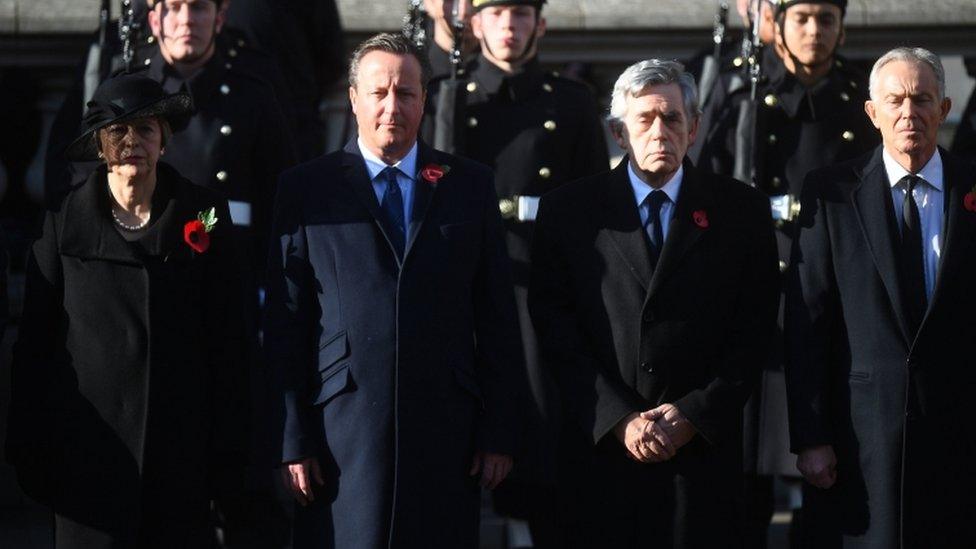 Former Prime Ministers Theresa May, David Cameron, Gordon Brown and Tony Blair