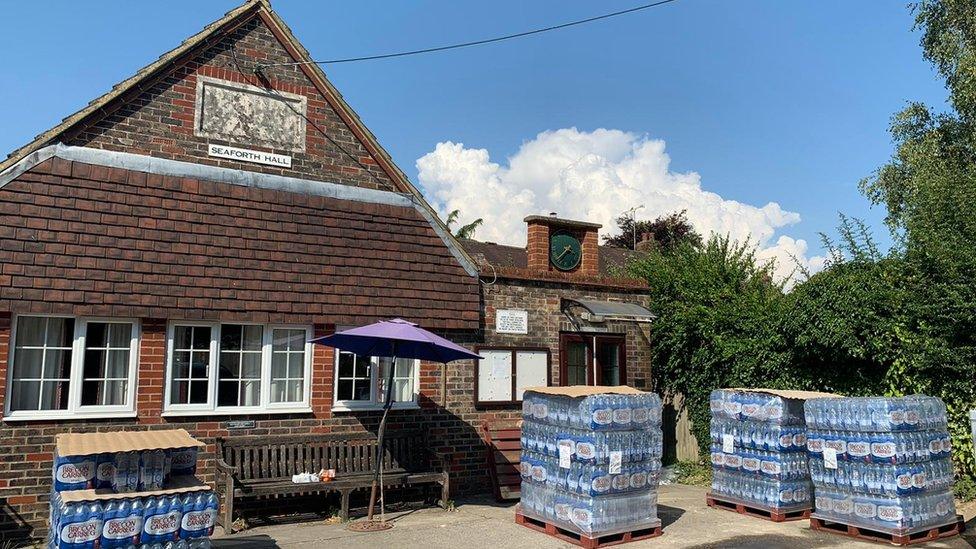 Bottled water at a village hall in West Sussex