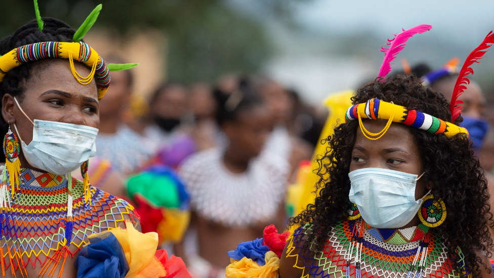 Zulu women dressed in traditional beaded outfits in Nongoma, South Africa - 17 March 2021