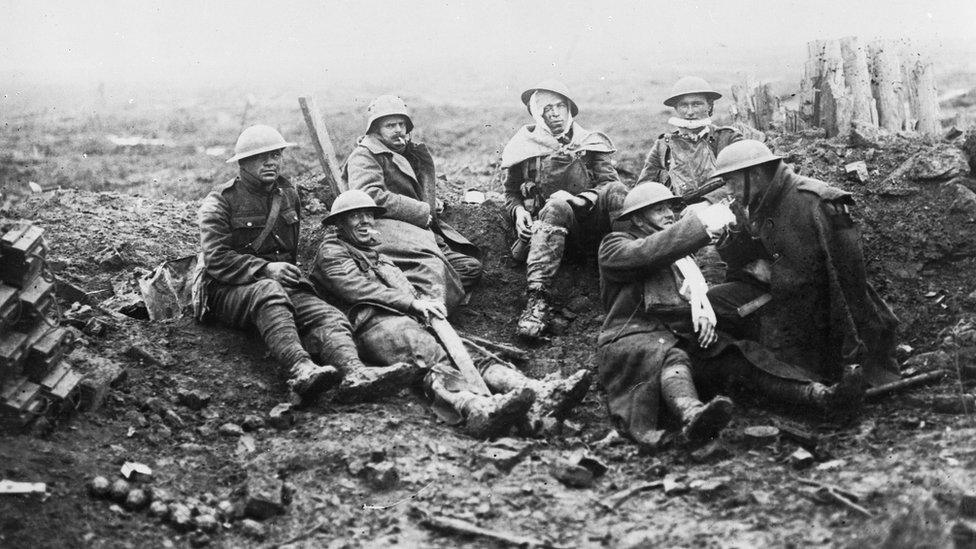 Soldiers resting at a dressing station during the Battle of Passchendaele