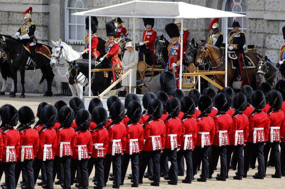 The Queen inspected the lines of guardsmen as part of the parade