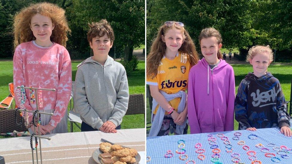 Ava, John, Mimi, Sally and Fionnbo selling homemade jewellery and buns at the Teddy Bears Picnic at Féile an Phobail