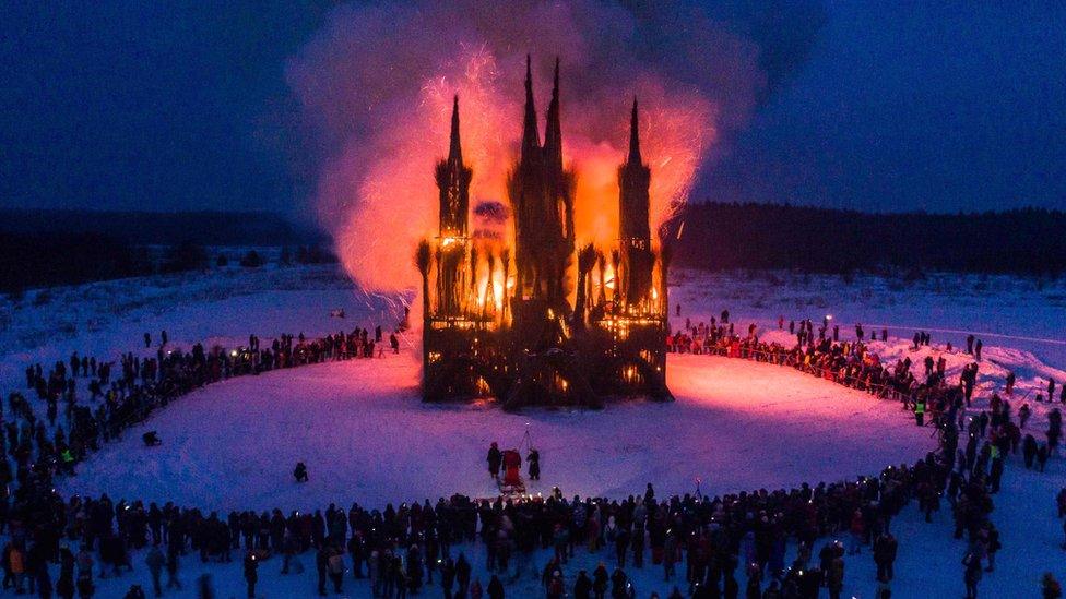 The Flaming Gothic art project marks the Maslenitsa holiday at the Nikola Lenivets art park, near Kaluga, on 17 February 2018.