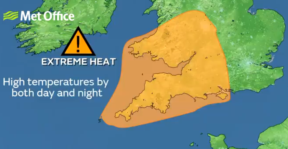 A map showing the extreme heat warning