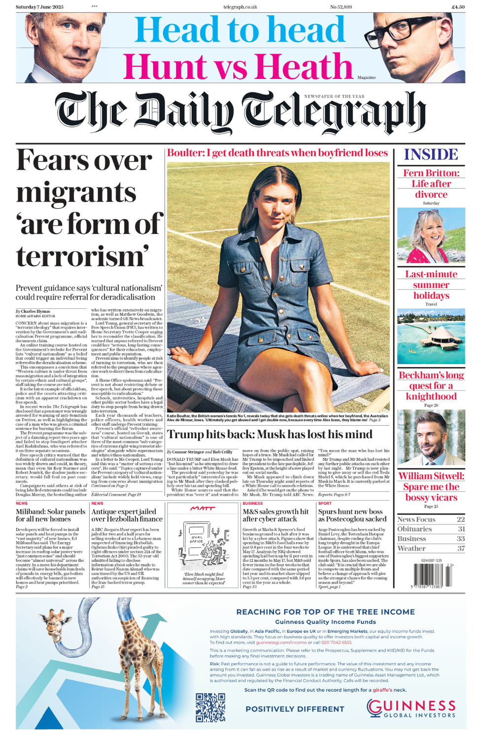 The headline of the Daily Telegraph reads: 'Fears over migrants 'are form of terorrism'