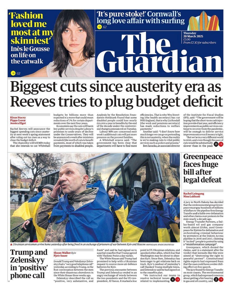 Front page of the Guardian for Thursday 20 March 2025.