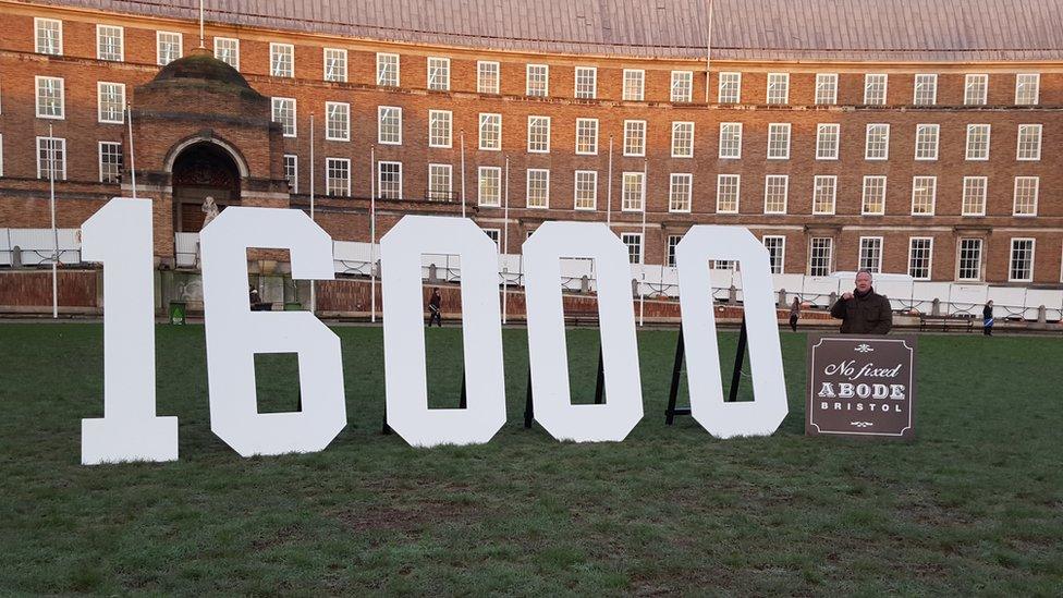 16,000 sign in front of City Hall, Bristol