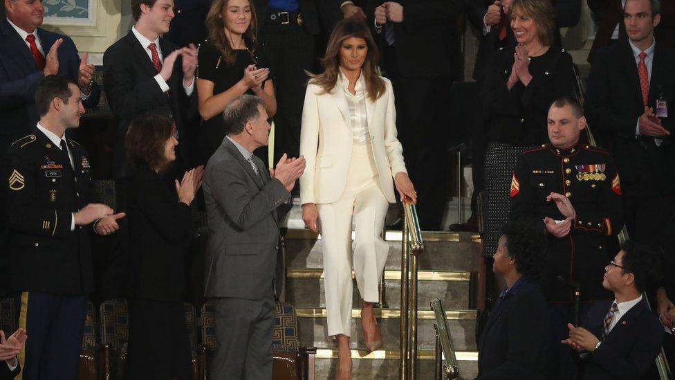 First lady Melania Trump arrives at the State of the Union address in the chamber of the US House of Representatives on 30 January 2018 in Washington, DC