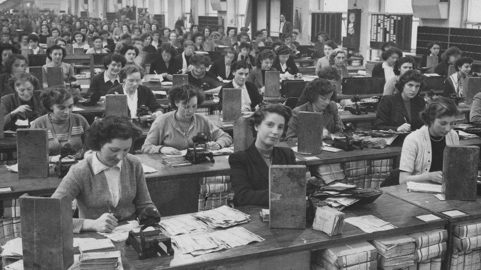 Littlewoods ladies working on pools floor, counting results, Edge Lane