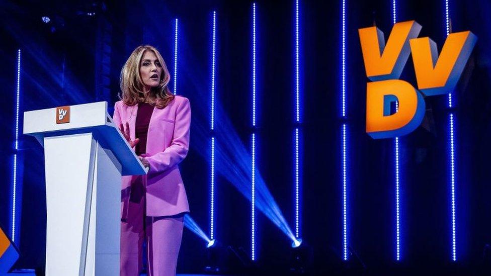 People's Party for Freedom and Democracy (VVD) leader Dilan Yeşilgöz gives a speech during a VVD party conference as the party determines the election program for the House of Representatives during a congress, in Rotterdam on September 23, 2023