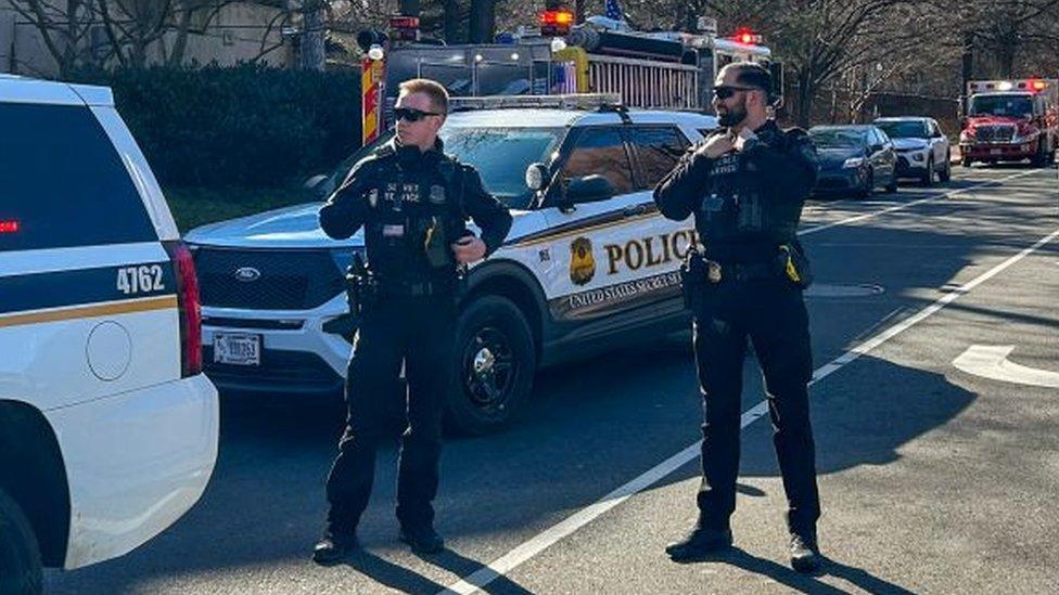 Members of the US Secret Service on a street leading to the Israeli Embassy in Washington