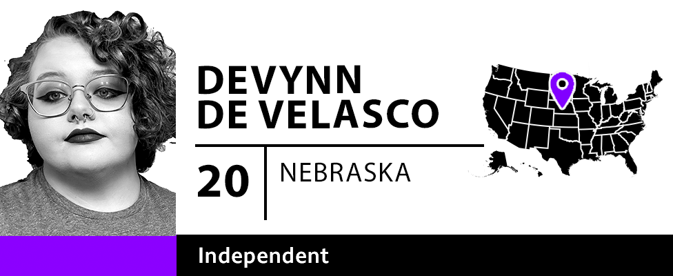 BBC graphic introduces Devynn De Velasco, a 20-year-old woman from Nebraska who describes herself as an Independent voter