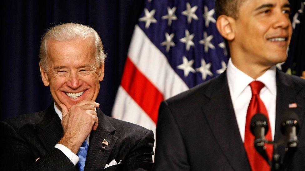 US Vice President Joe Biden laughs at a joke while President Barack Obama delivers remarks on efforts to transform travel in America with a system of high-speed rail in the Eisenhower Executive Office Building April 16, 2009 in Washington, DC.