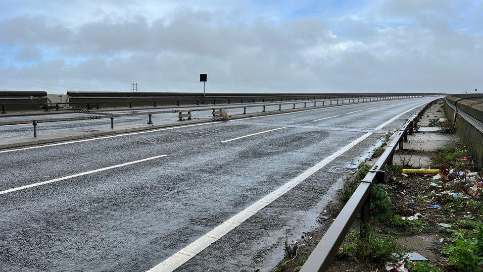 A closed Orwell Bridge on the edge of Ipswich