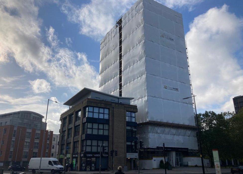 St Francis Tower, Ipswich wrapped in protective plastic and scaffolding