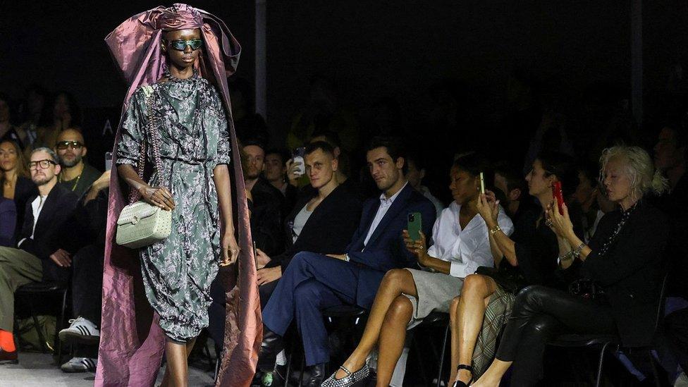 A model presents a creation by designer Andreas Kronthaler as part of his Spring/Summer 2024 Women's ready-to-wear collection show for fashion house Vivienne Westwood, during Paris Fashion Week in Paris, France