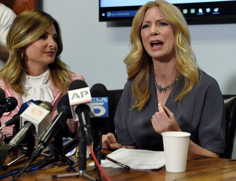 Former Fox News contributor Wendy Walsh (R) speaks alongside her lawyer, Lisa Bloom