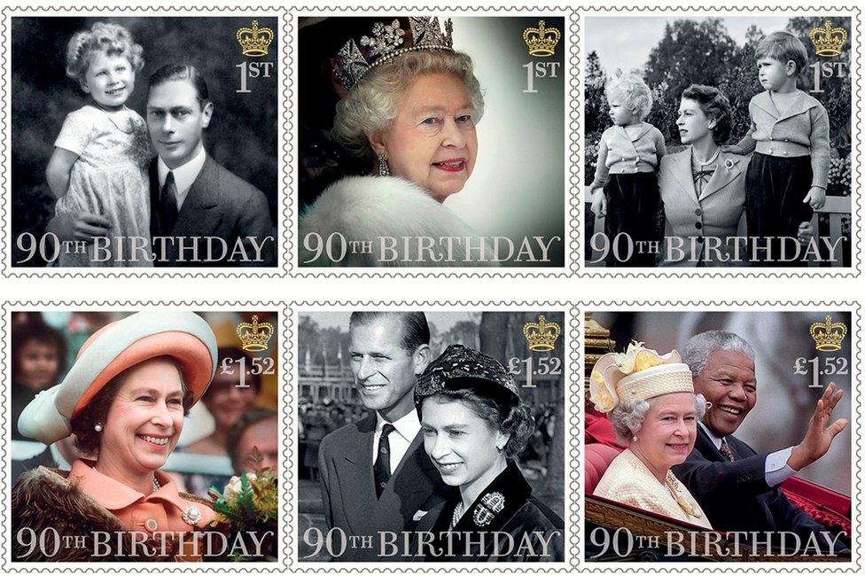 Six stamps marking the Queen's 90th birthday