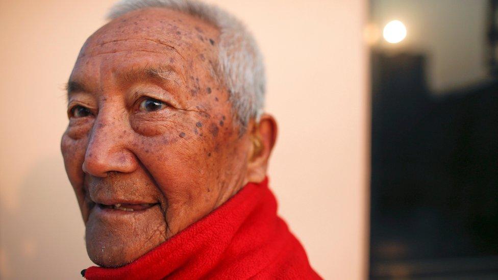 Nepalese mountaineer Min Bahadur Sherchan, aged 85, looks on during morning exercise at the roof top of his home in Kathmandu, Nepal, 05 April 2017