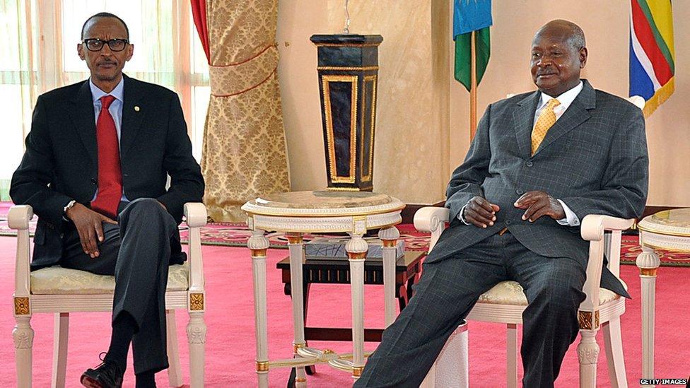 (From L) Rwanda president Paul Kagame, Uganda president Yoweri Museveni pose before a closed door meeting on June 25, 2013