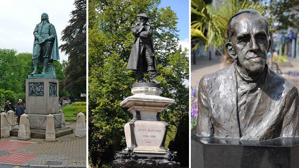 Statues of John Bunyan, John Howard and Trevor Huddleston