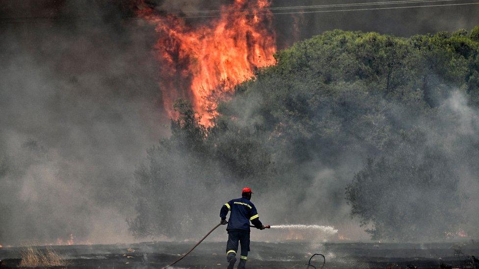 A firefighter operates during a wildfire in Loutraki