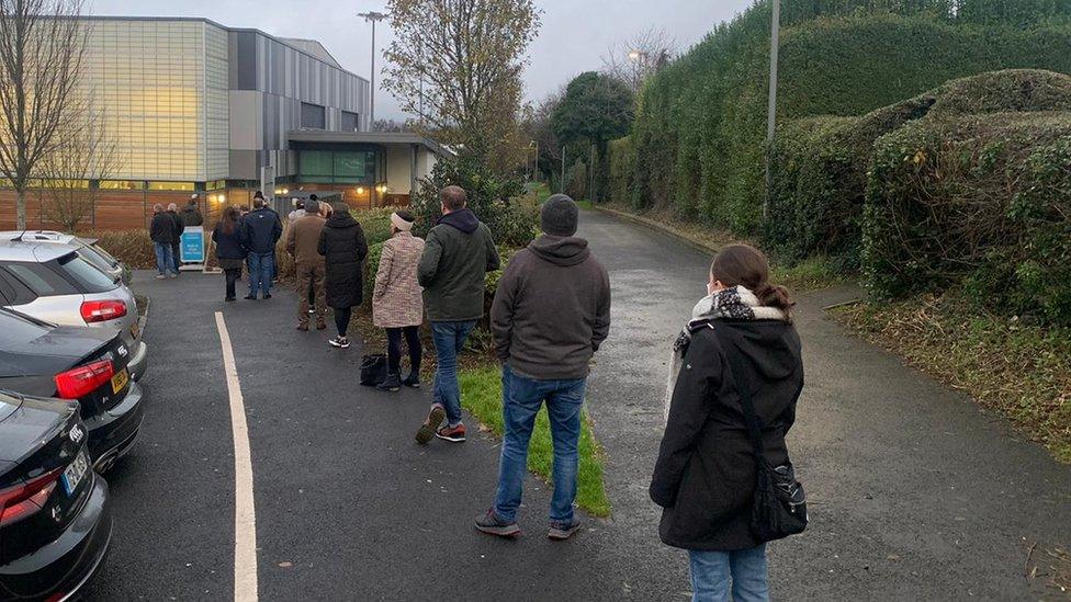 vaccination queue at Foyle Arena