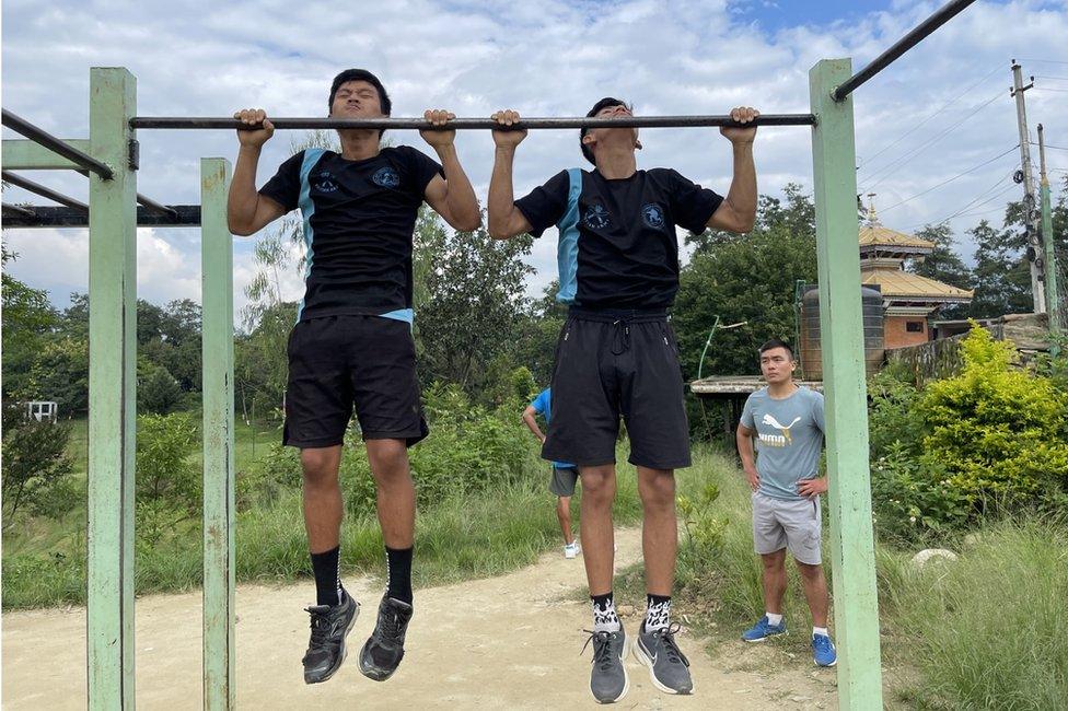 Nepalese Gurkha youths preparing for British army recruitment in Kathmandu