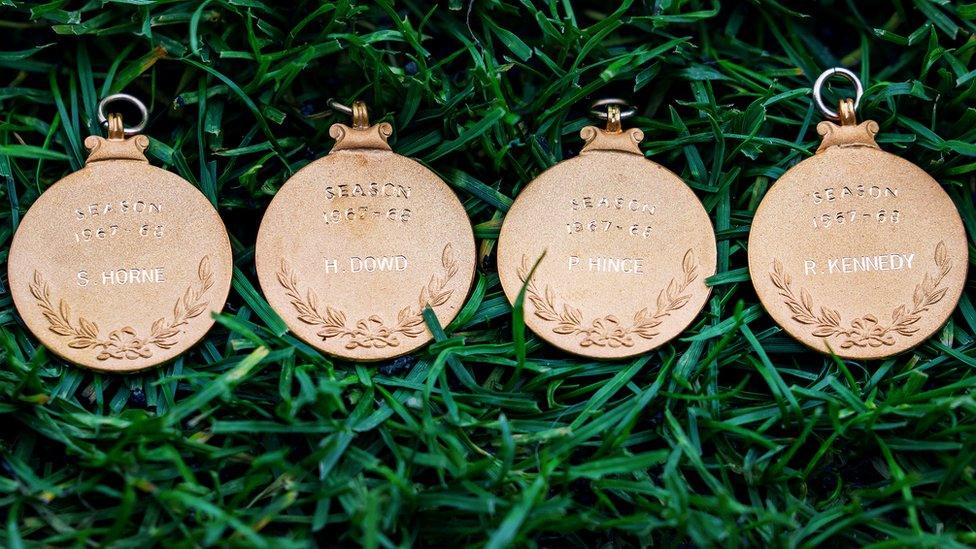 The medals for Stan Horne, Paul Hince, Bobby Kennedy and the late Harry Dowd