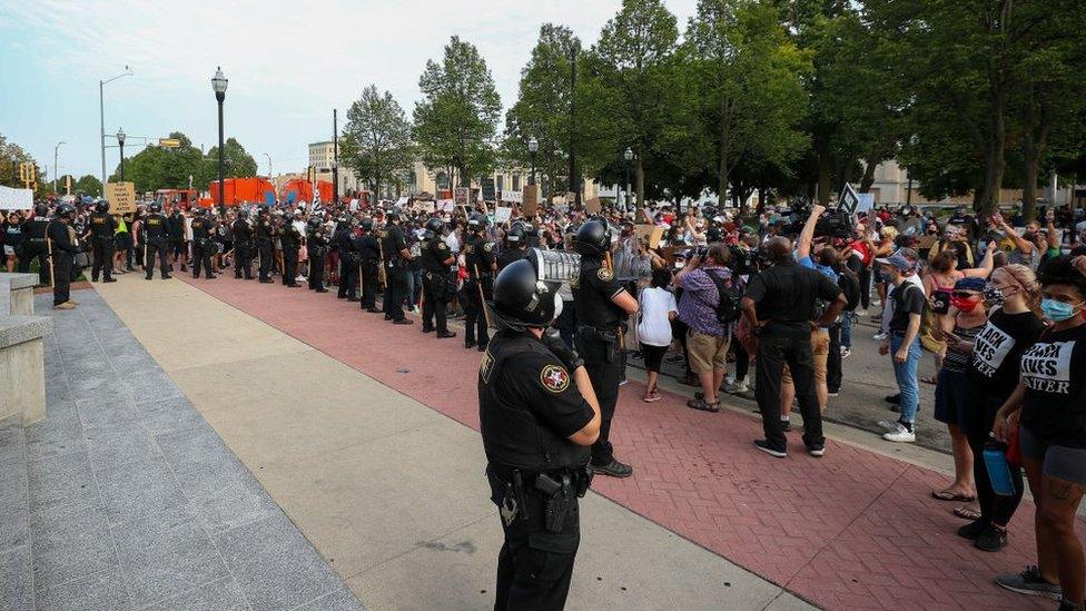 Jacob Blake protesters gathered in front of the courthouse in Kenosha, Wisconsin, United States on August 24, 2020