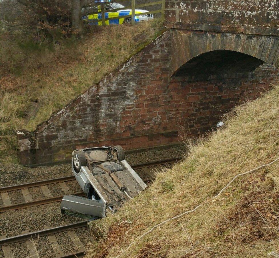 Car on railway line in Brampton