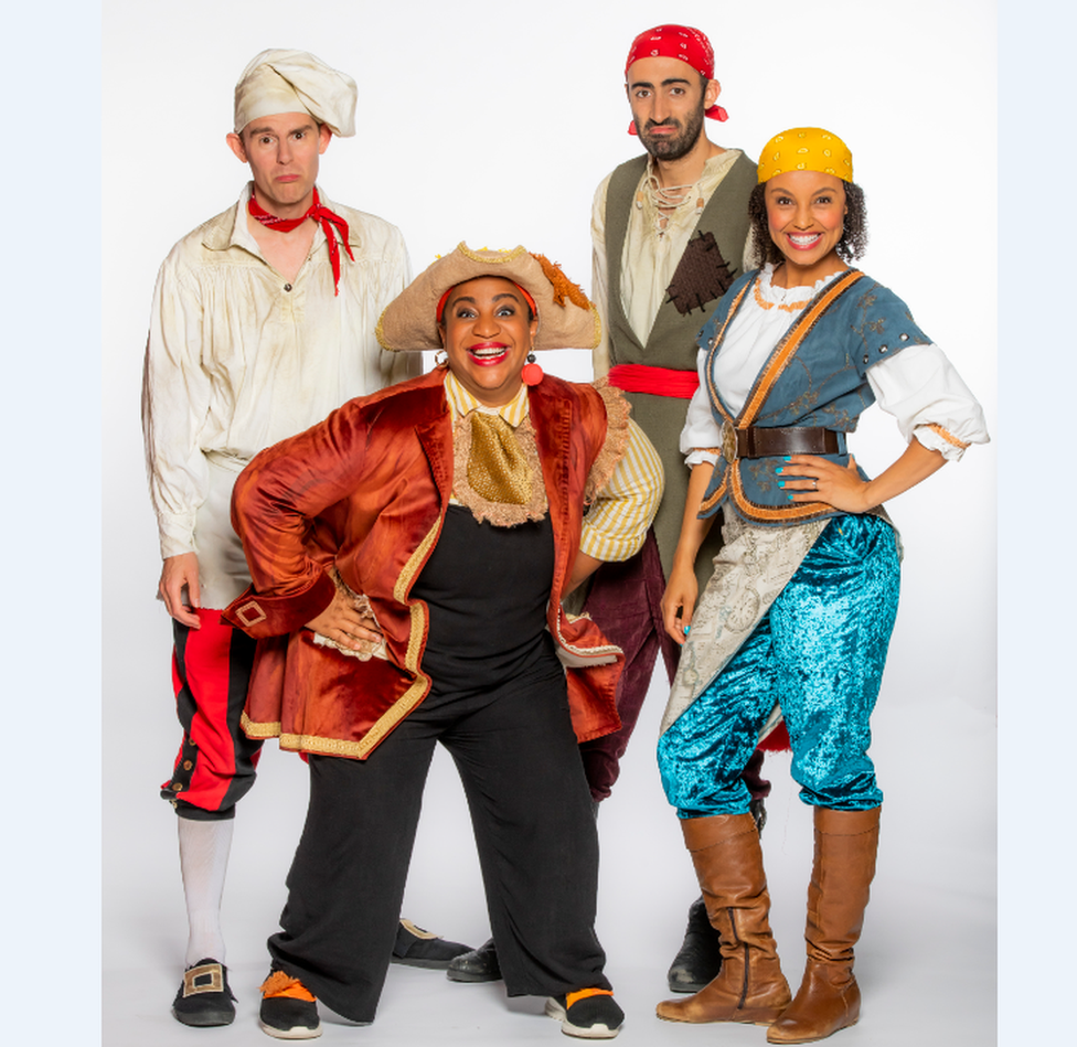 Joseph Elliott as Cook (L) with the cast of Swashbuckle